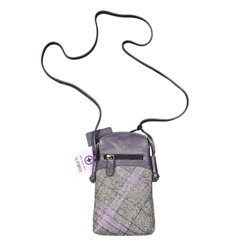 Aurora Orkney Heather Tweed‎ Leather Crossbody Bag Tartan Plaid Cell Phone Purse - Picture 3 of 5